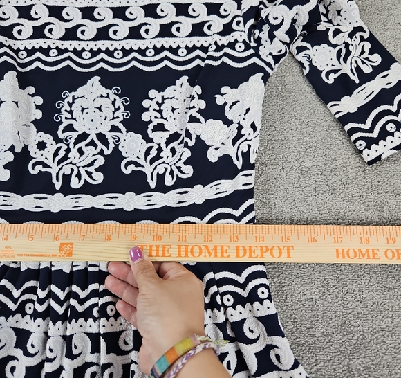 Trulli Navy Blue & white 3/4 Sleeve Fit Flare Stretch Dress Key hole size 6 - Picture 3 of 10